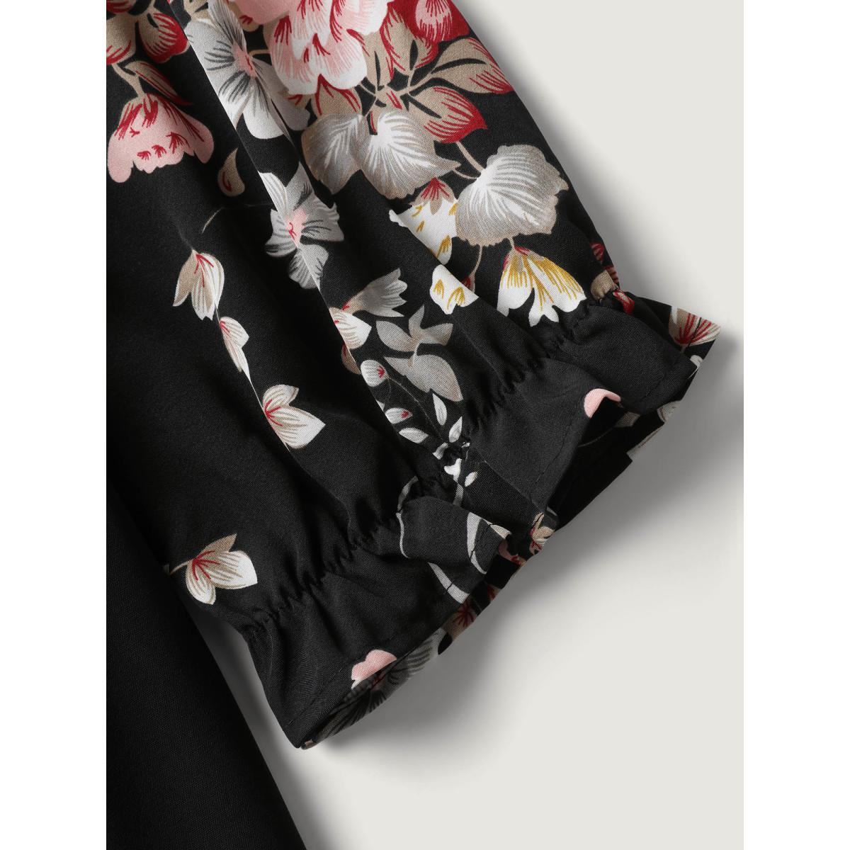 Plus Size Black Floral Contrast Belted Wide-Leg Jumpsuit Women Elbow-length sleeve Overlap Collar Everyday-Elegant Loose Jumpsuits BloomChic 14-16/1X Product Image