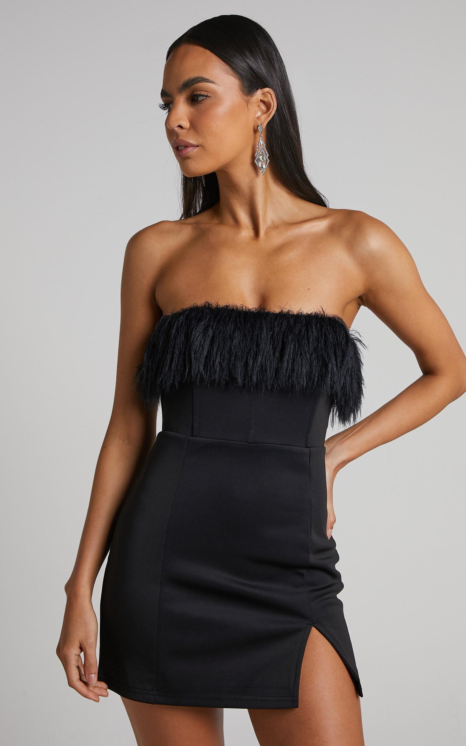 Rhaiza Mini Dress - Faux Feather Trim Strapless Dress in Black Product Image