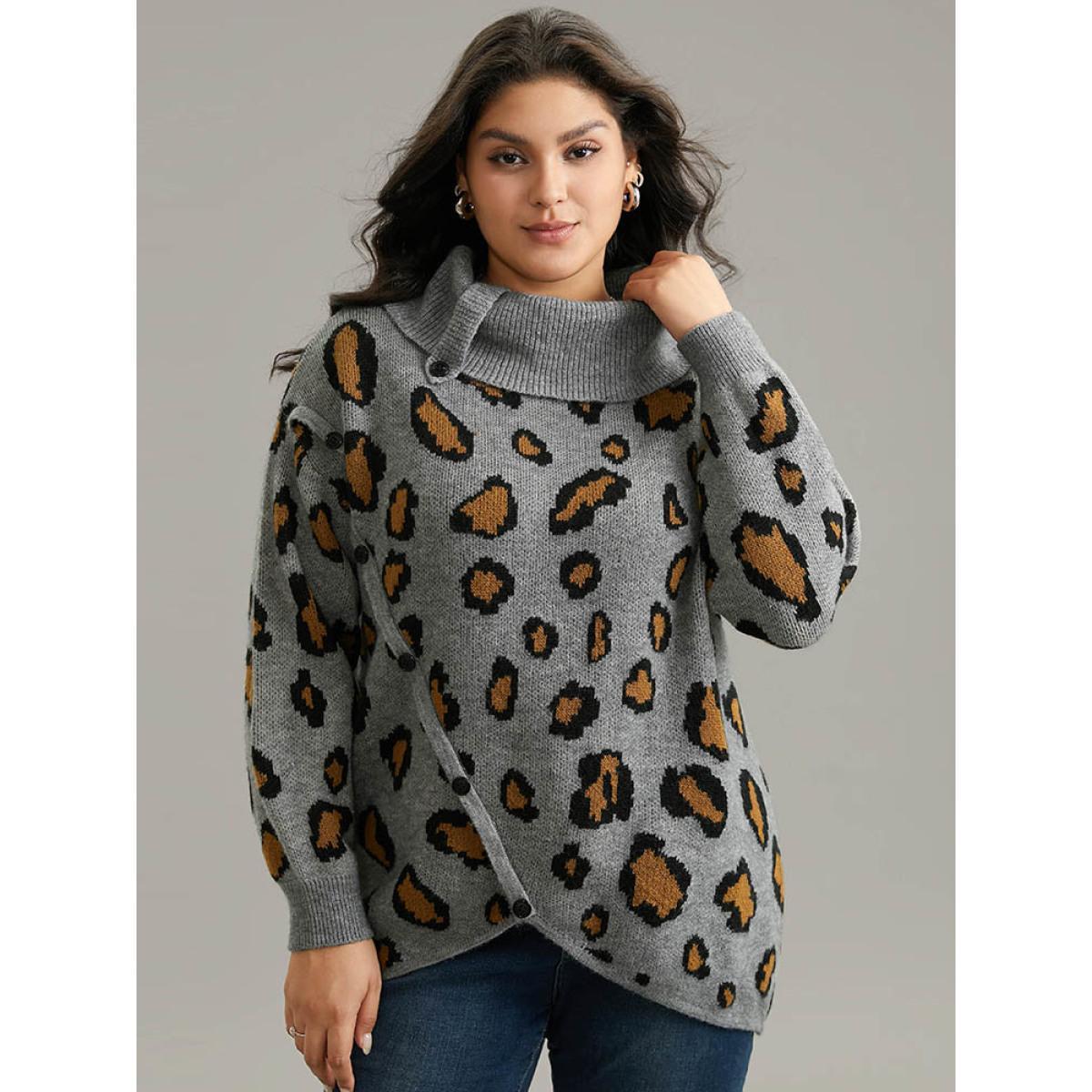 Plus Size Anti-Pilling Leopard PrintLapel Collar Button Detail Pullover Gray Women Casual Loose Long Sleeve Lapel Collar Dailywear Pullovers BloomChic 12/L Product Image