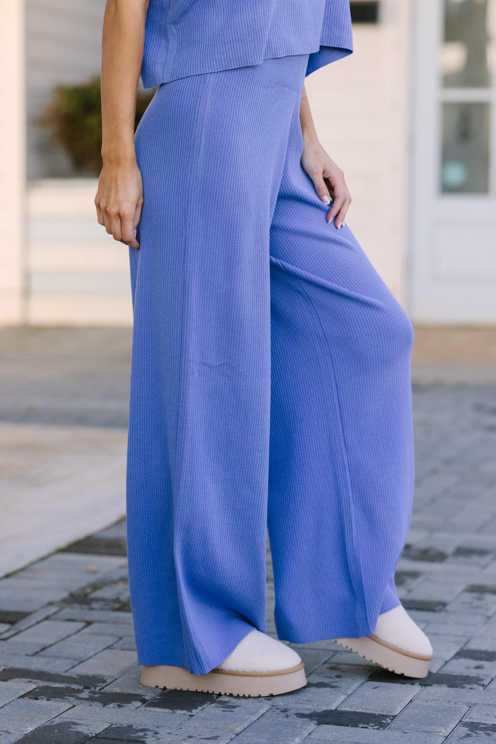 Safe Travels Blue Ribbed Knit Wide Leg Pants Female Product Image