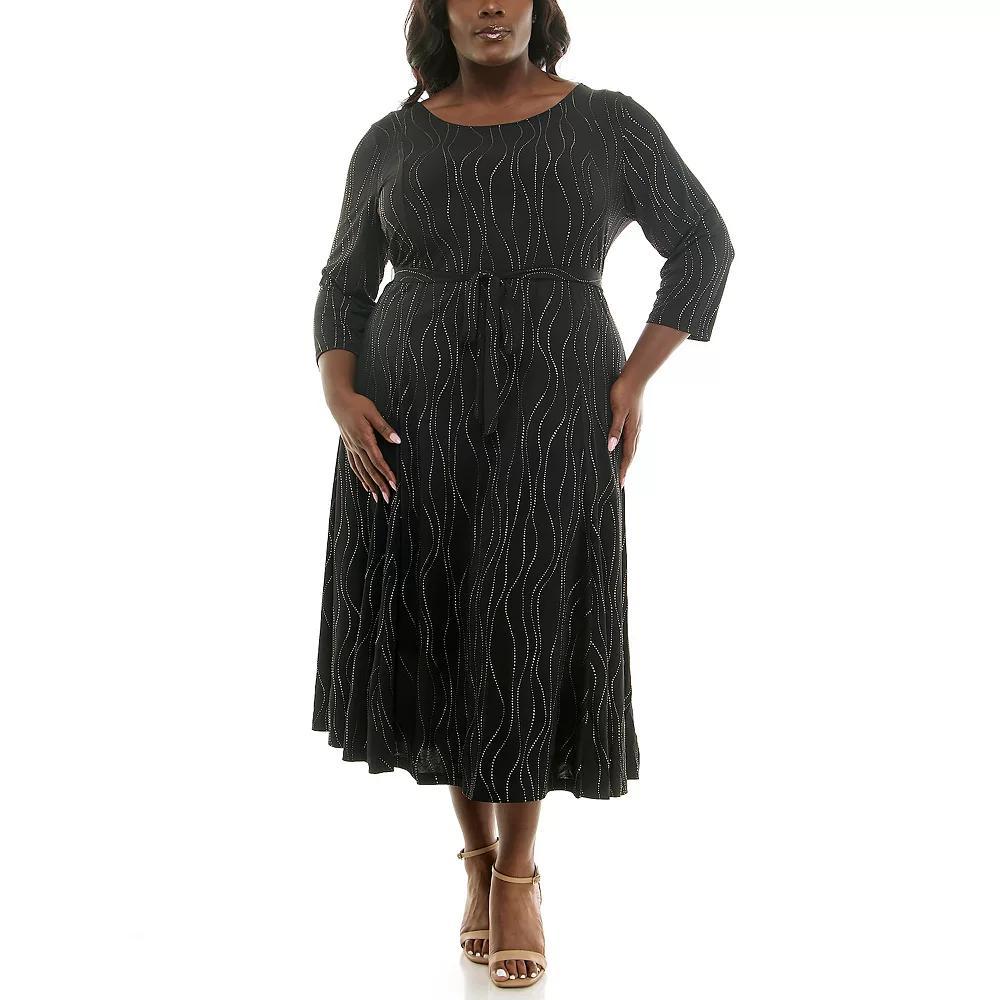 Plus Size Nina Leonard Midi Sylvia Dress with Sash Belt, Women's, Size: 2XL, Black Gold Product Image