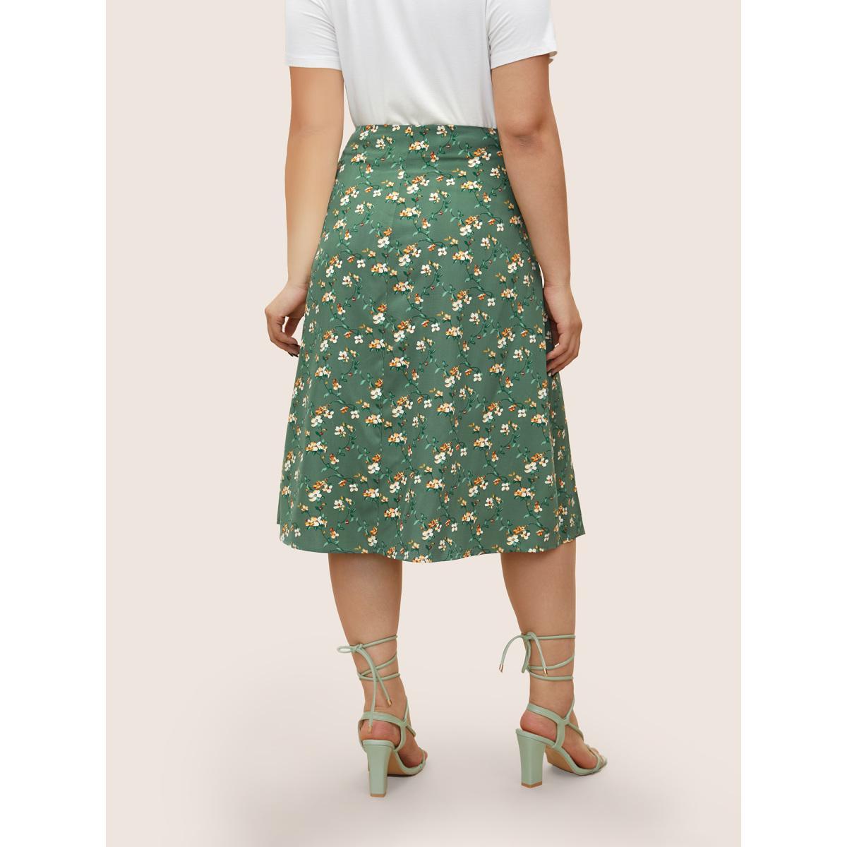 Plus Size Ditsy Floral Print Zipper Fly Cropped Skirt Women Mint Elegant Non No stretch Everyday Skirts BloomChic 14-16/1X Product Image
