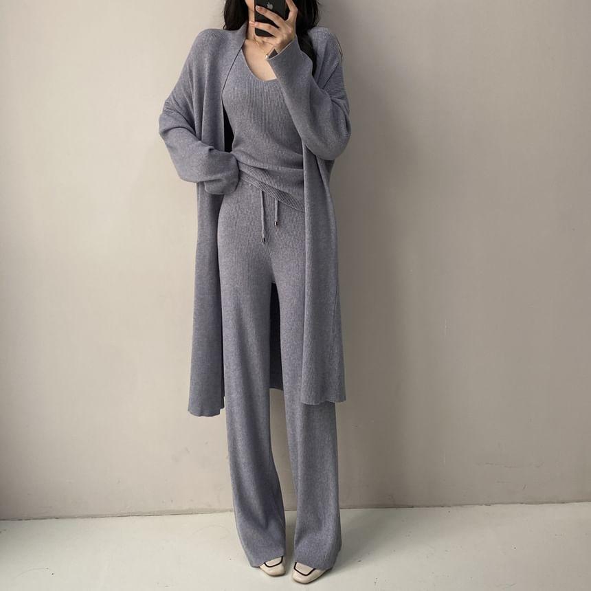Set: Sleeveless V-Neck Plain Knit Top + Long Cardigan + Drawstring Waist Plain Wide Leg Pants Product Image