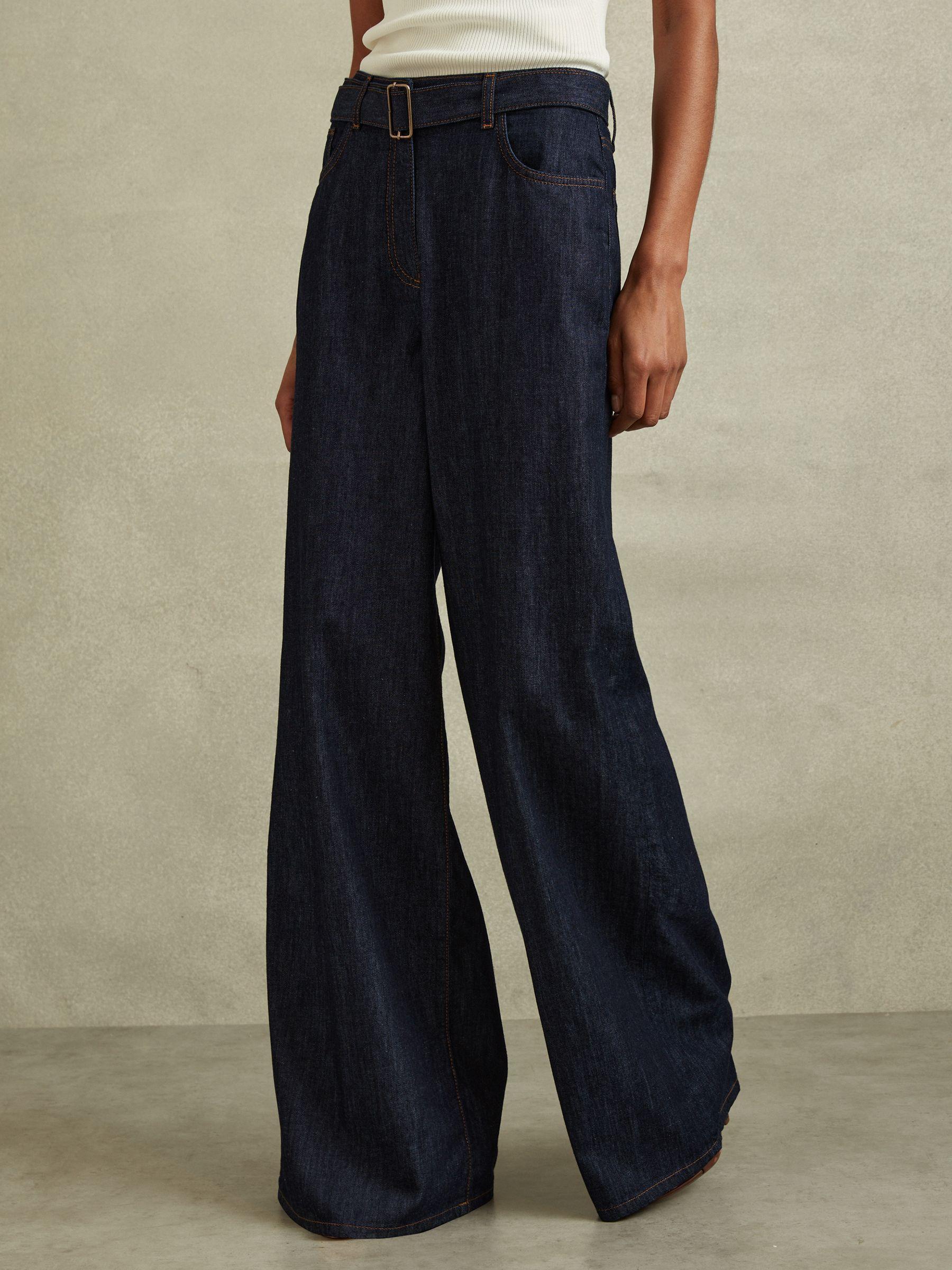 Belted Wide Leg Jeans in Dark Blue Product Image