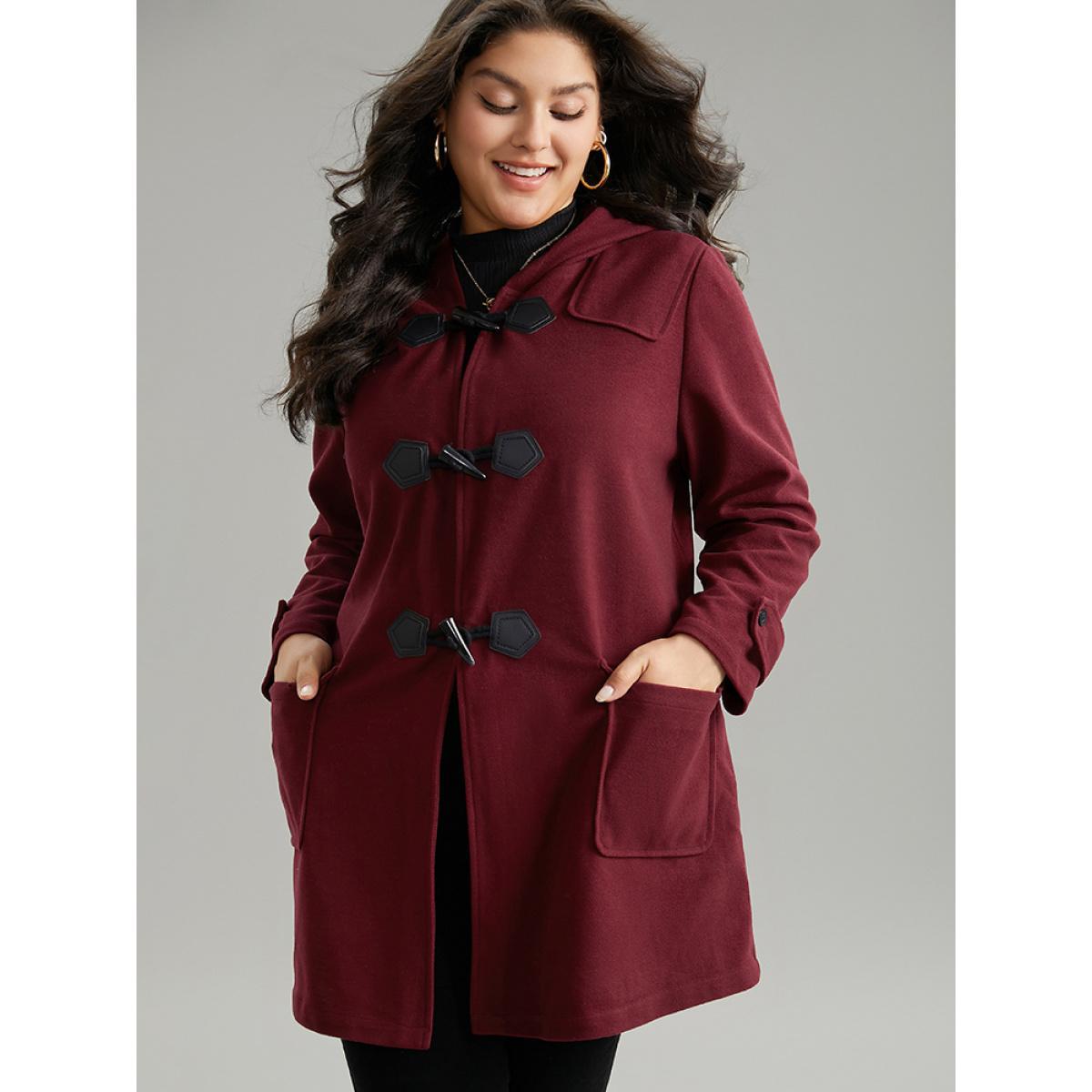 Plus Size Plain Duffle Button Pocket Hooded Coat Women Burgundy Casual Contrast Ladies Dailywear Winter Coats BloomChic 22-24/3X Product Image
