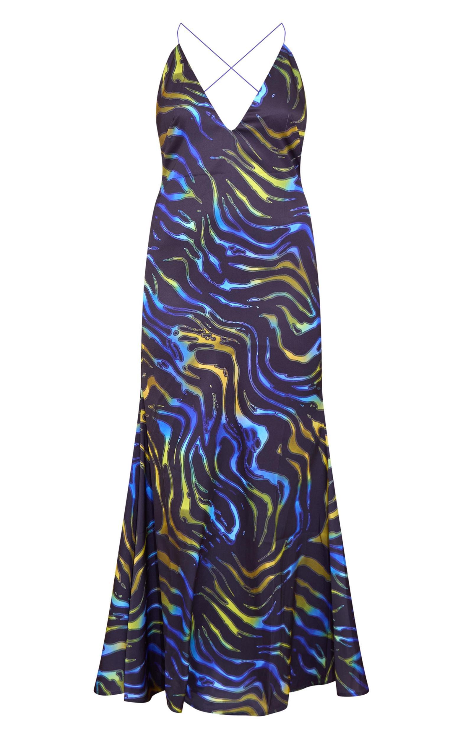 Blue Abstract Print Satin Maxi Dress Product Image