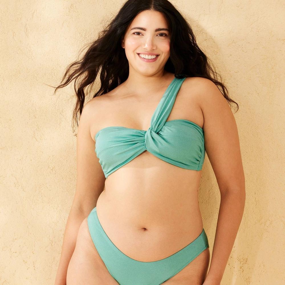 Women's Sparkle One Shoulder Bandeau Bikini Top - Shade & Shore™ Turquoise XL: Nylon, Metallic Fiber, Spandex, Removable Cup Product Image