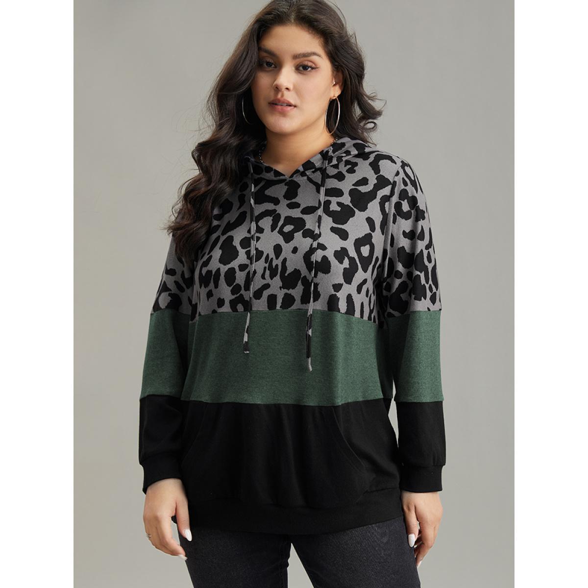 Plus Size Leopard Colorblock Contrast Hooded Drawstring Sweatshirt Women Green Casual Contrast Hooded Dailywear Sweatshirts BloomChic 14-16/1X Product Image