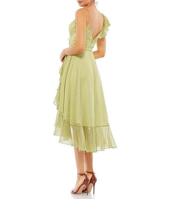 Mac Duggal Vneck Ruffled Faux Wrap Hi Low Midi Dress Product Image
