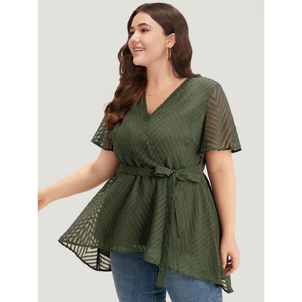 Plus Size ArmyGreen Plain Textured Belted Wrap Mesh Flutter Sleeve Blouse Women Elegant Short sleeve V-neck Dailywear Blouses BloomChic 26/4X Product Image