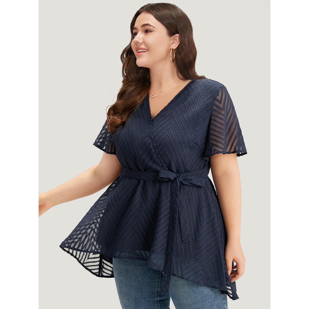 Plus Size Indigo Plain Textured Belted Wrap Mesh Flutter Sleeve Blouse Women Elegant Short sleeve V-neck Dailywear Blouses BloomChic 26/4X Product Image