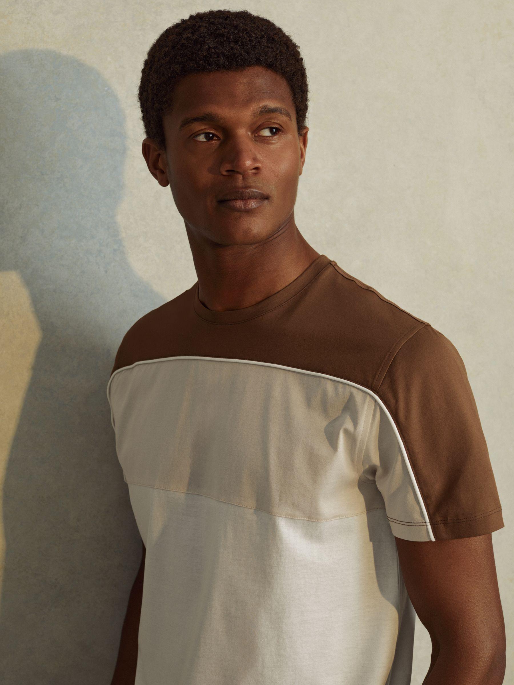 Mercerised Cotton Colourblock Crew Neck T-Shirt in Camel Brown/White Product Image