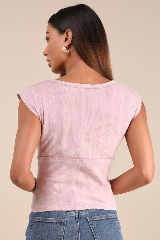 Evania Washed Dusty Rose Pointelle Knit Cap Sleeve Top Product Image