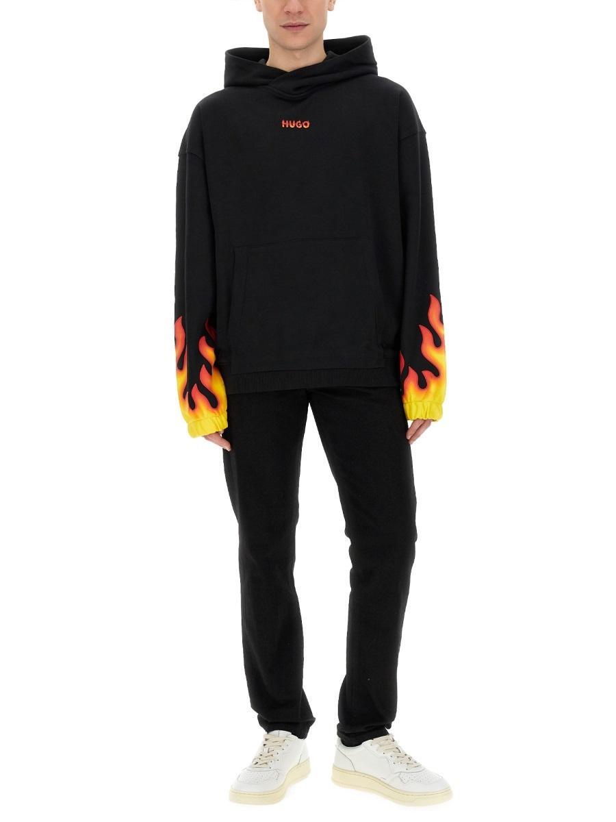 HUGO BOSS Cotton-terry Hoodie With Puffed Flame Logo In Black Product Image