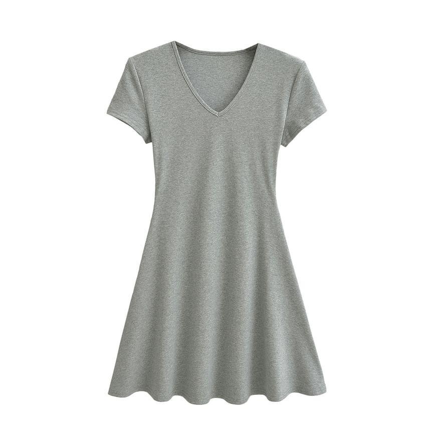 Short Sleeve V-Neck Plain Mini A-Line Dress Product Image