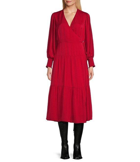 Reba V-Neck Plisse Satin V-Neck Smocked Sleeve Tiered Wrap Dress Product Image