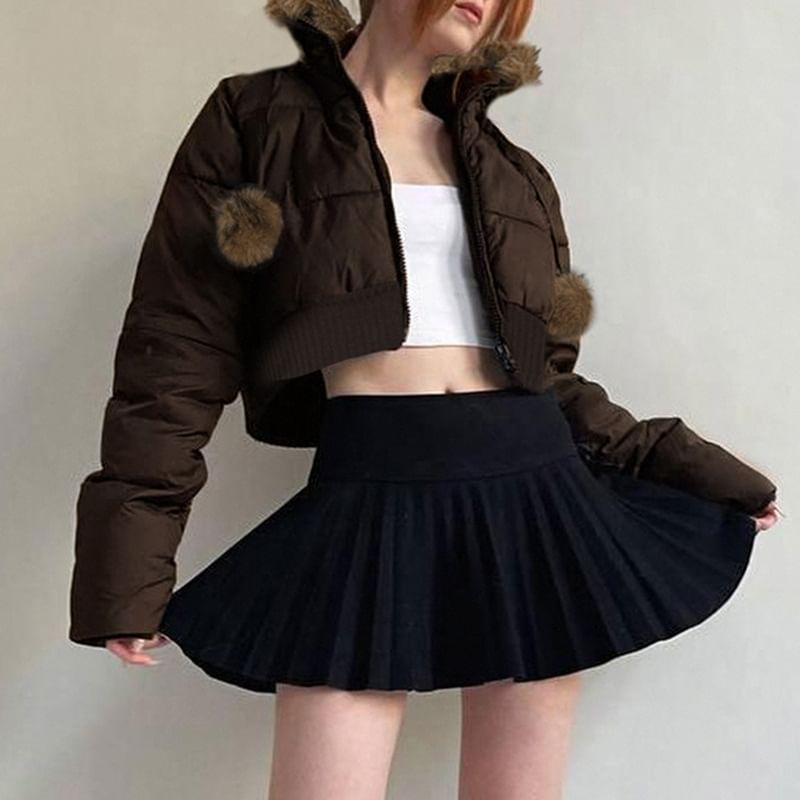 Fluffy Hooded Plain Zip Up Cropped Puffer Jacket Product Image