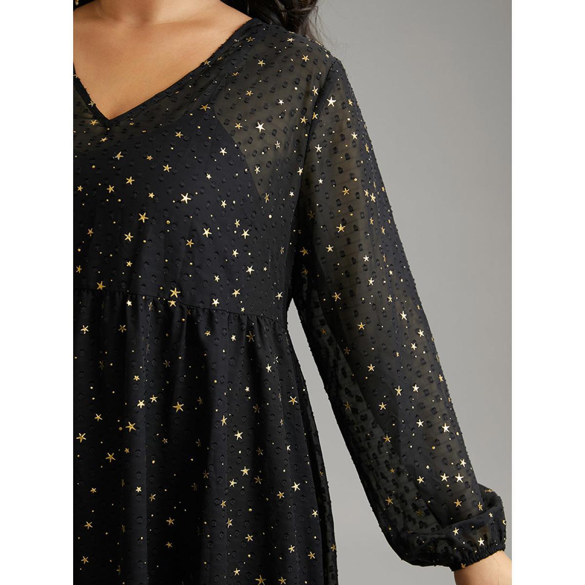 Plus Size Star Glitter Mesh Lantern Sleeve Ruffle Dress Black Women Party Elastic cuffs V-neck Long Sleeve Curvy Midi Dress BloomChic 28/5X Product Image