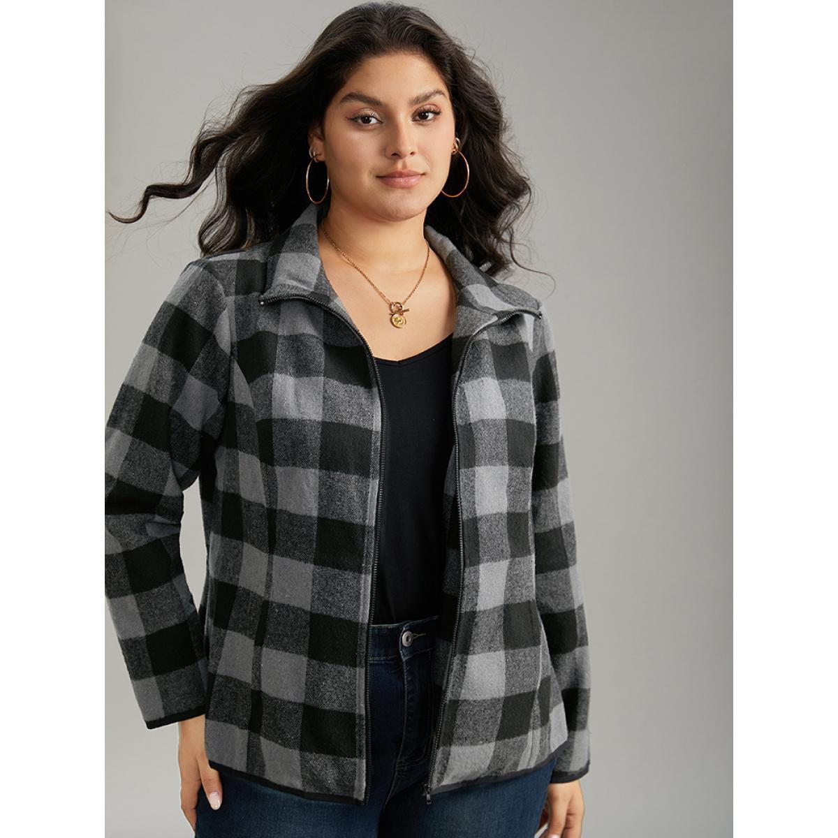 Plus Size Plaid Zipper Pocket Contrast Jacket Women DimGray Contrast Pocket Dailywear Jackets BloomChic 10/M Product Image