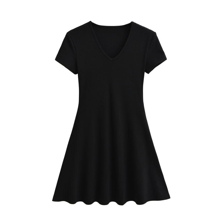 Short Sleeve V-Neck Plain Mini A-Line Dress Product Image