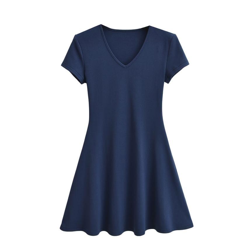 Short Sleeve V-Neck Plain Mini A-Line Dress Product Image