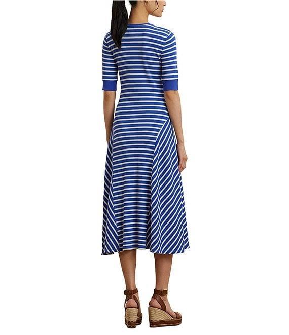 Lauren Ralph Lauren Knit Stripe Print Point Collar Elbow Sleeve Midi Dress Product Image