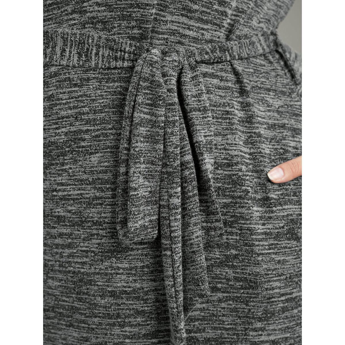 Plus Size Solid Pocket Elastic Waist Ties Split Hem Dress DimGray Women Casual Plain Lapel Collar Long Sleeve Curvy Midi Dress BloomChic 22-24/3X Product Image