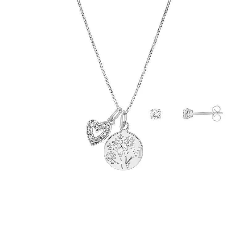 Brilliance Flash Plated Cubic Zirconia Stud Earrings and Initial Pendant Necklace Set, Women's, Size: 18", Yellow Gold Tone C Product Image