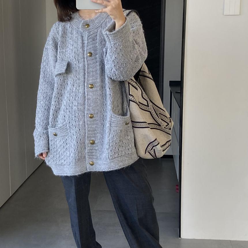 Round Neck Plain Button Oversized Knitted Cardigan Product Image