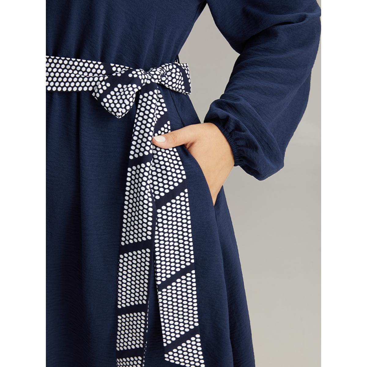 Plus Size Polka Dot Geometric Patchwork Belted Dress Navy Women At the Office Elastic cuffs Round Neck Long Sleeve Curvy Midi Dress BloomChic 12/L Product Image
