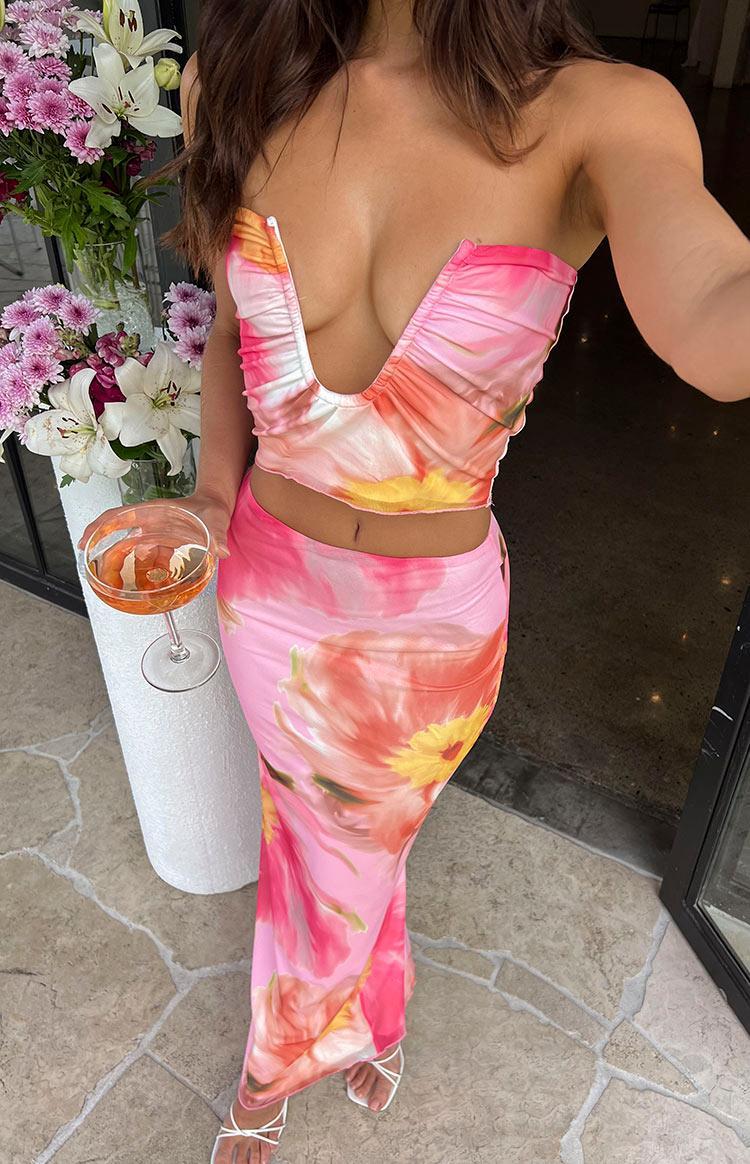 Esha Pink Floral Strapless Crop Top Product Image