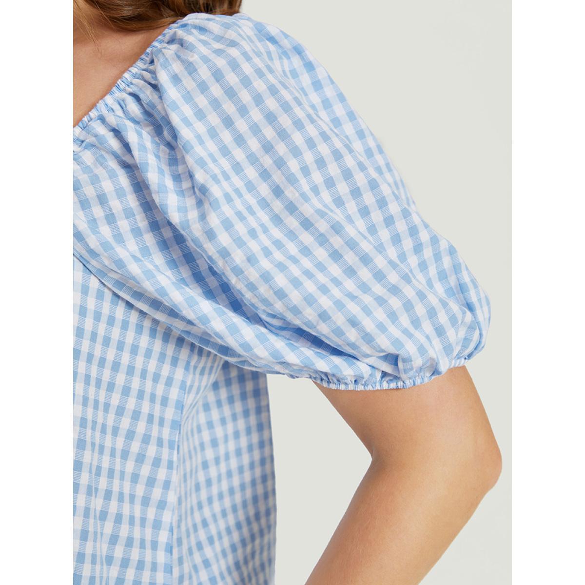Plus Size LightBlue Gingham Print Square Neck Puff Sleeve Blouse Women Vacation Short sleeve Square Neck Dailywear Blouses BloomChic 22-24/3X Product Image