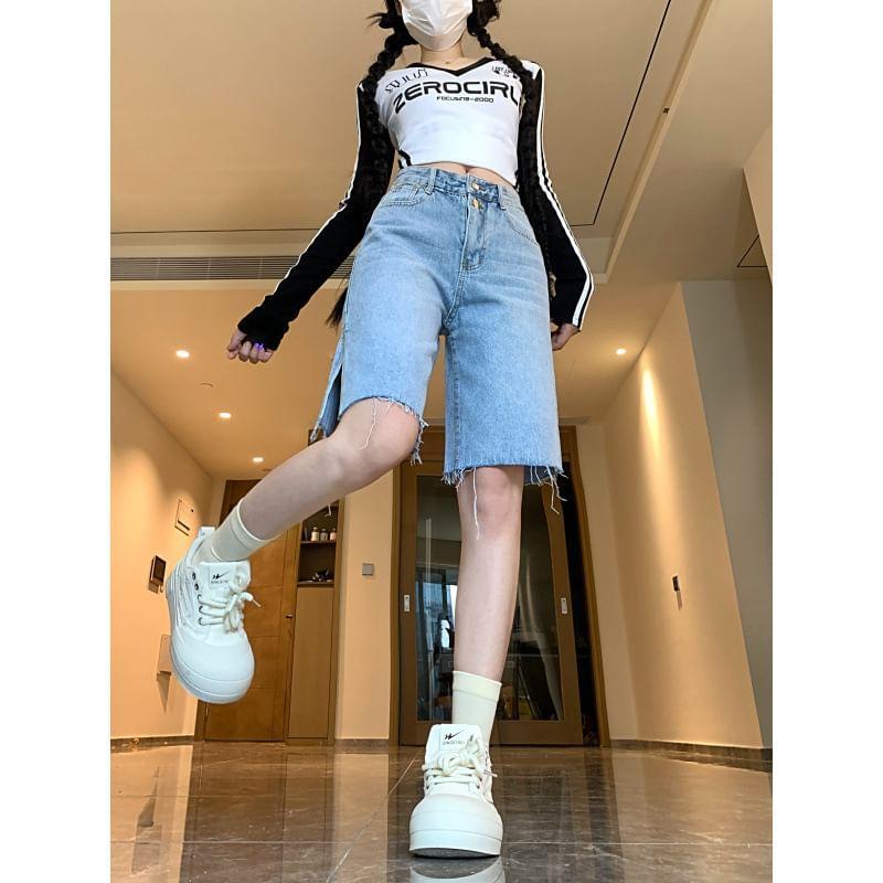High Waist Washed Distressed Jorts Product Image