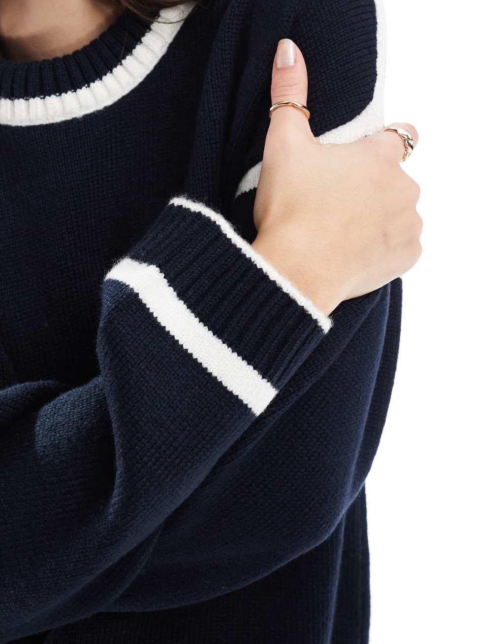 ASOS DESIGN knit sweater with contrast cream seams in navy Product Image