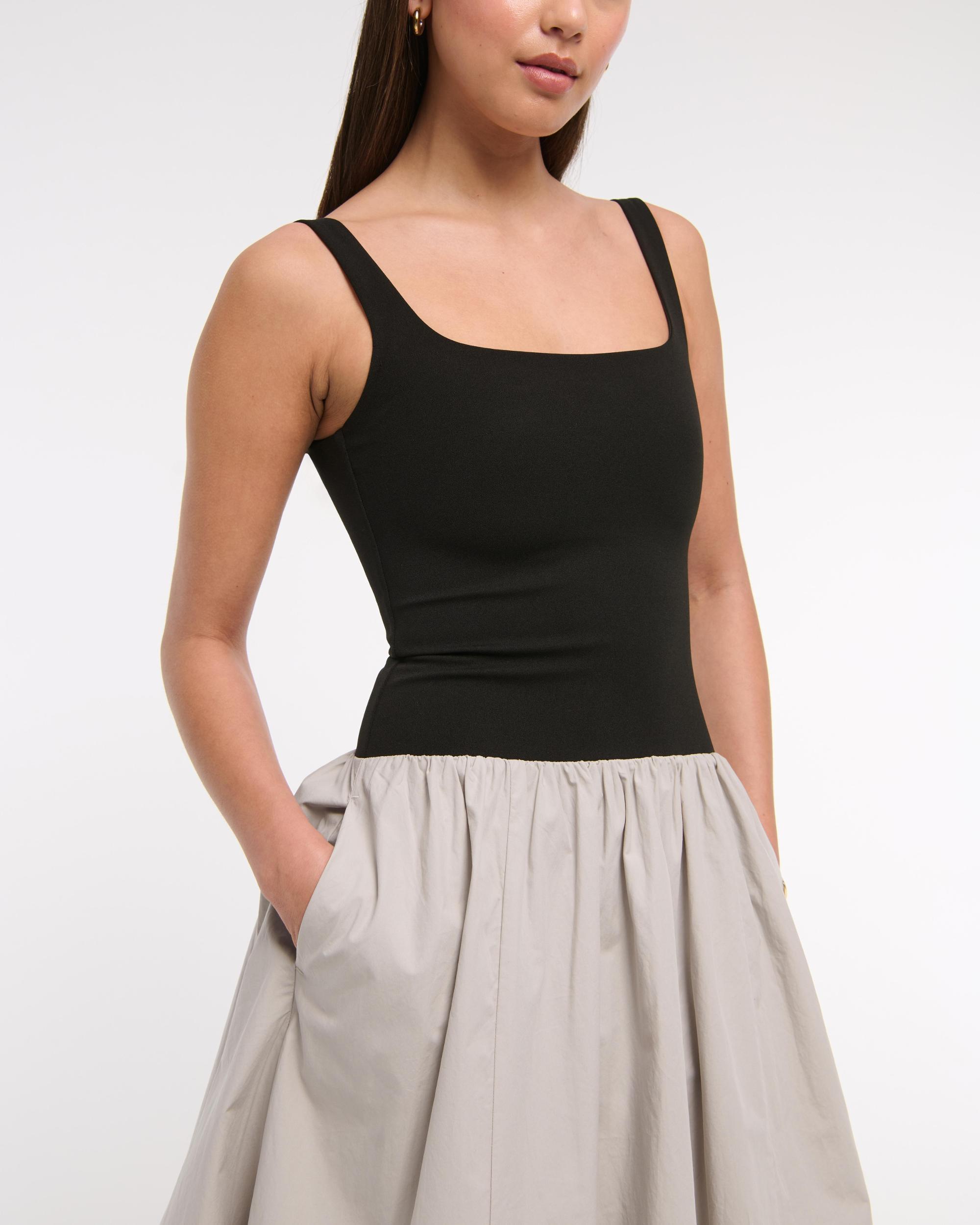 Mixed Fabric Bubble Hem Midi Dress Product Image