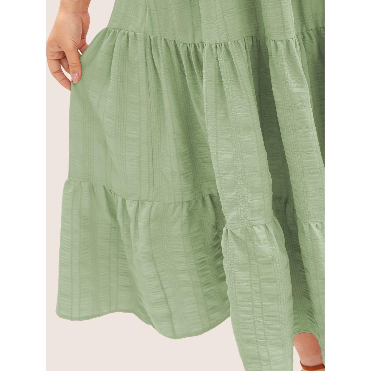 Plus Size Plain Ruched Drawstring Pocket Ruffle Tiered Dress LightGreen Women Elegant Non V-neck Short sleeve Curvy Midi Dress BloomChic 14-16/1X Product Image