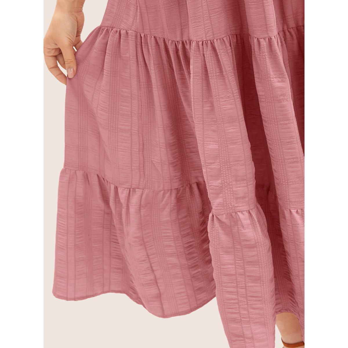 Plus Size Plain Ruched Drawstring Pocket Ruffle Tiered Dress Pink Women Elegant Non V-neck Short sleeve Curvy Midi Dress BloomChic 14-16/1X Product Image