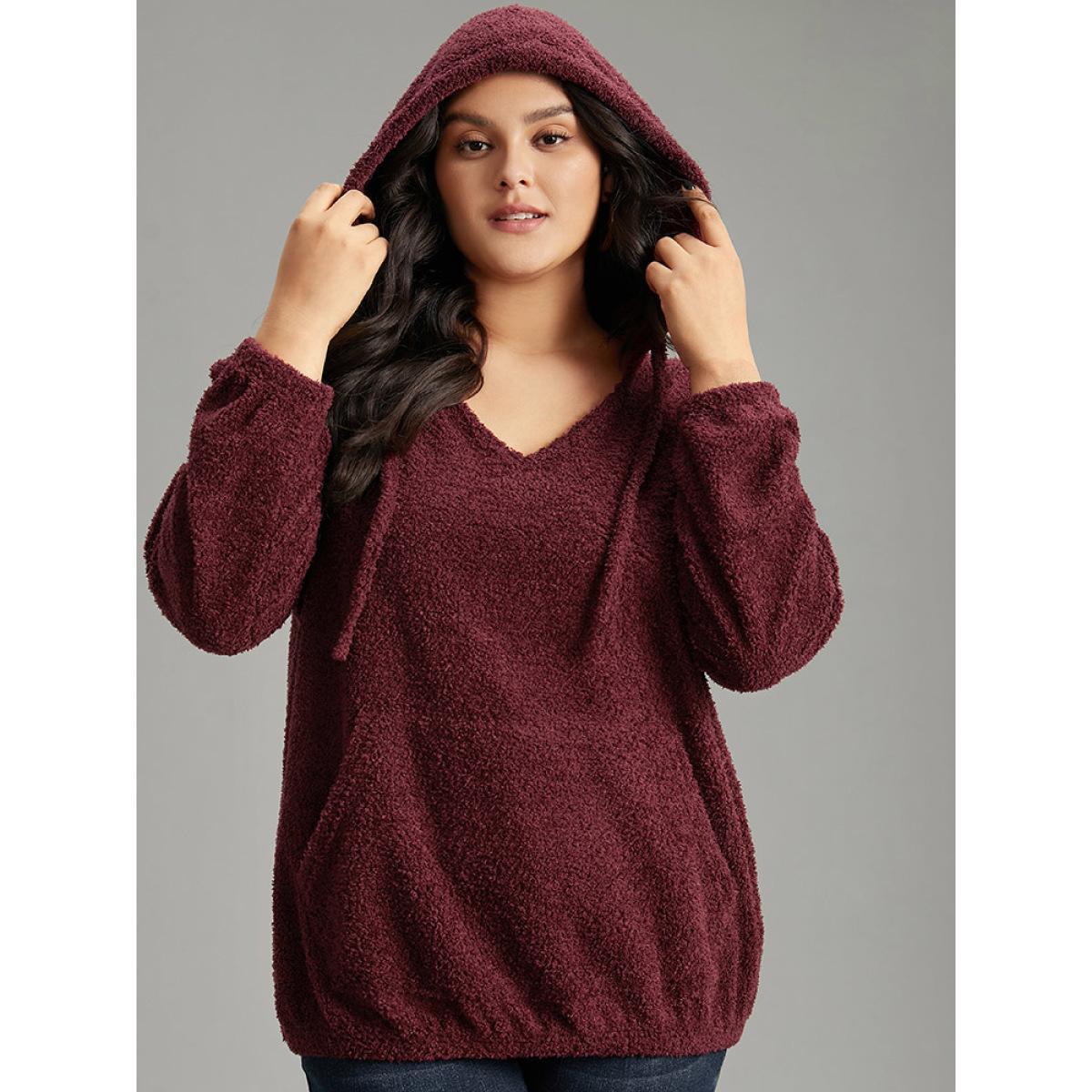 Plus Size Fuzzy Solid Hooded Pocket Ties Sweatshirt Women Burgundy Casual Elastic cuffs Hooded Dailywear Sweatshirts BloomChic 12/L Product Image
