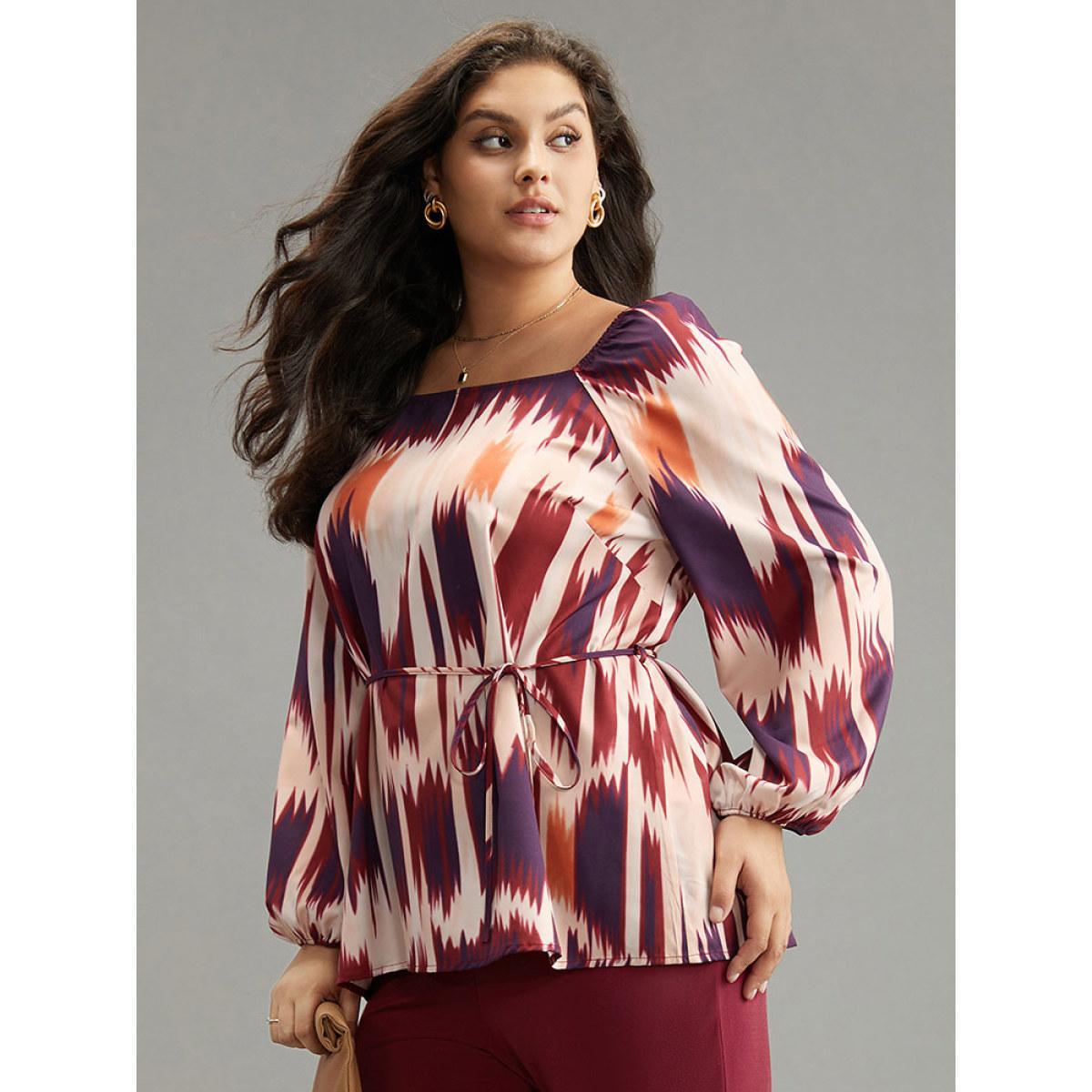 Plus Size Multicolor Tie Dye Print Ties Square Neck Blouse Women Office Long Sleeve Square Neck Dailywear Blouses BloomChic 30/6X Product Image