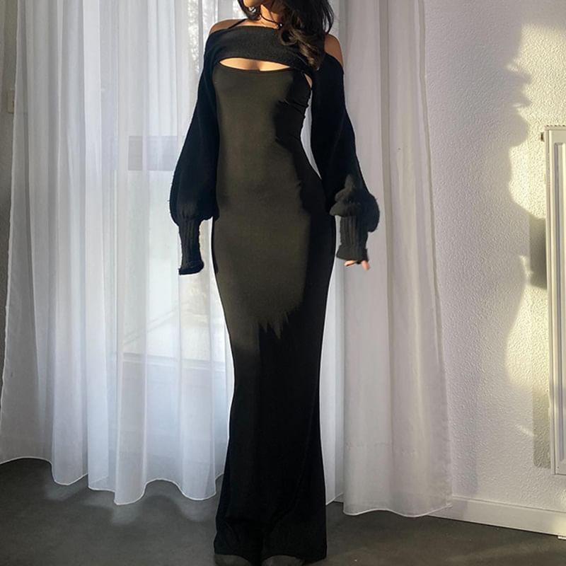 Spaghetti Strap Plain Slim-Fit Maxi Bodycon Dress with Puff Sleeve Shrug Product Image