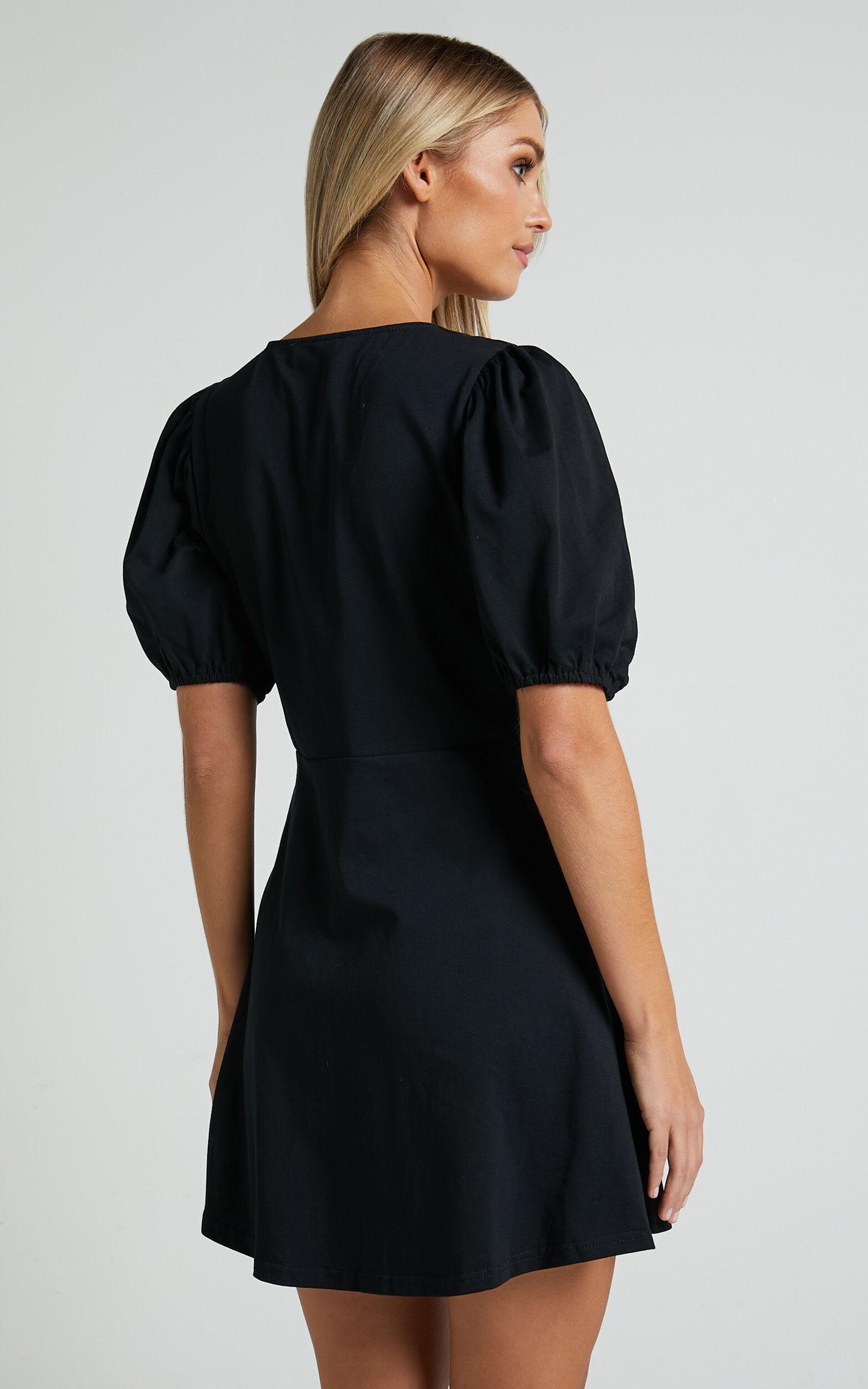 Rochelle Mini Dress - V Neck Button Through Dress in Black Product Image