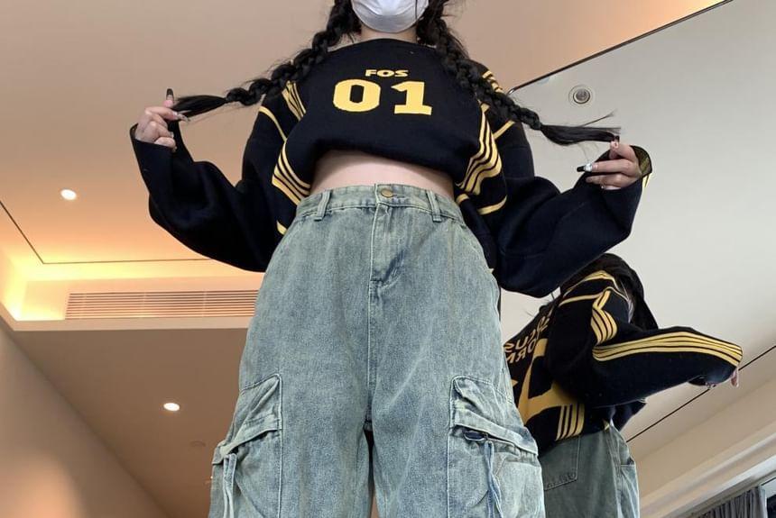 High Rise Washed Wide Leg Cargo Jeans Product Image