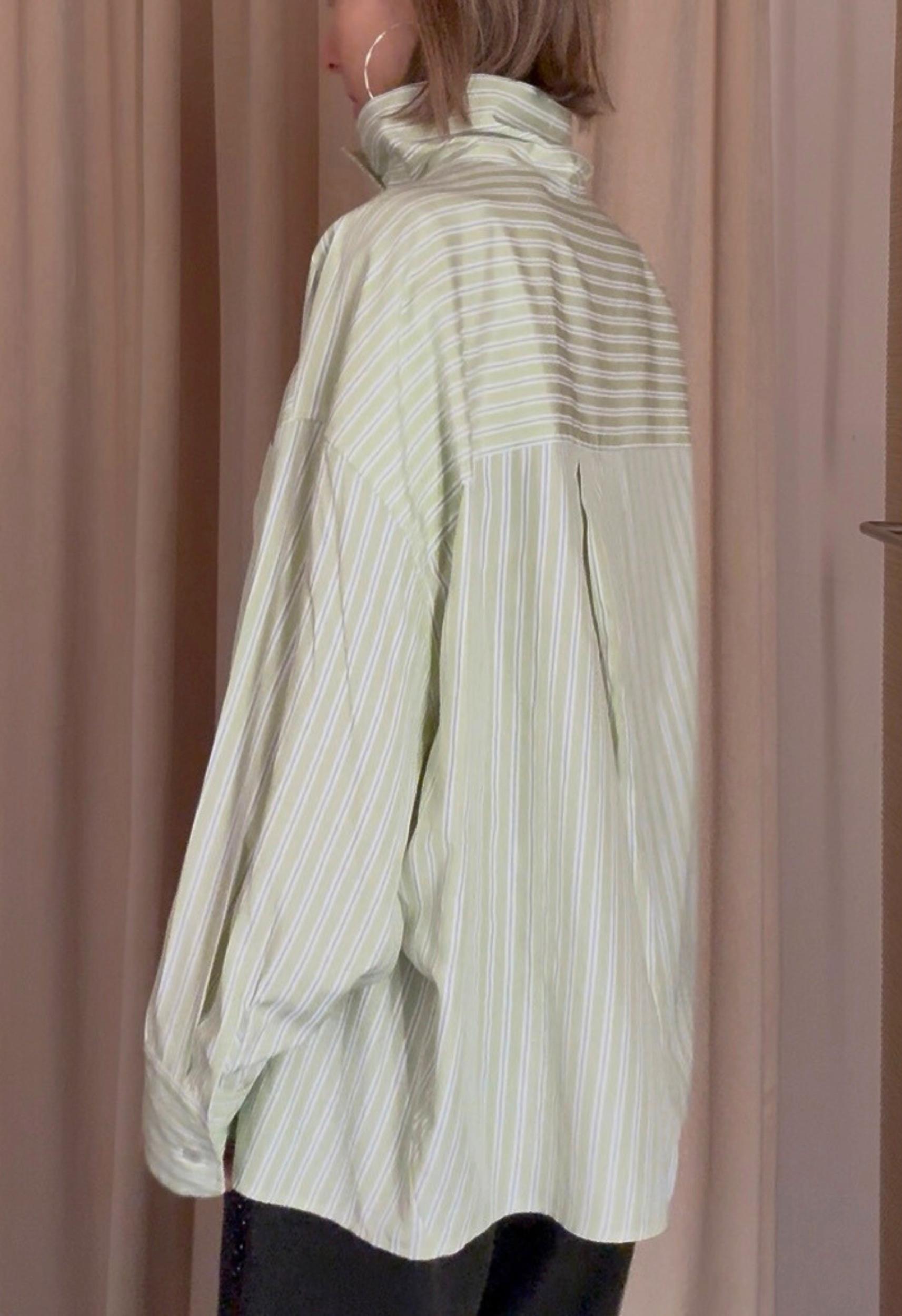 High Collar Button Down in Green Stripe Product Image