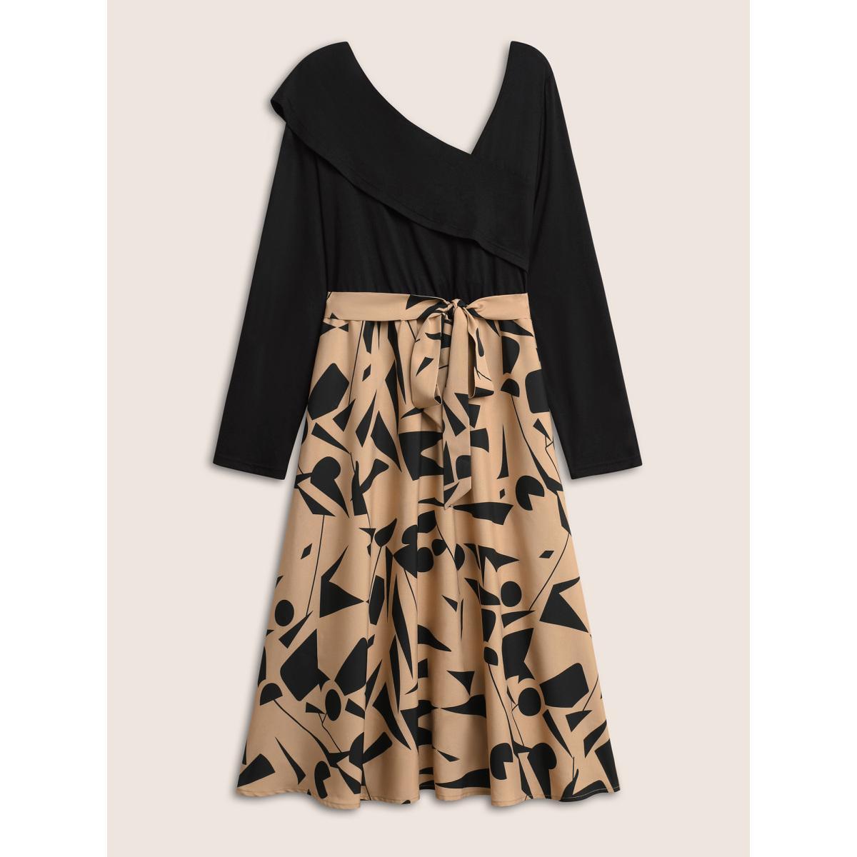 Plus Size Geometric Contrast Patchwork Asymmetrical Neck Belted Dress Black Women At the Office Non Asymmetrical Neck Long Sleeve Curvy Midi Dress BloomChic 22-24/3X Product Image