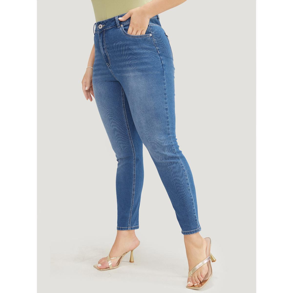 Plus Size Very Stretchy High Rise Medium Wash Floral Embroidered Jeans Women Indigo Casual Plain High stretch Pocket Jeans BloomChic 20/2X Product Image