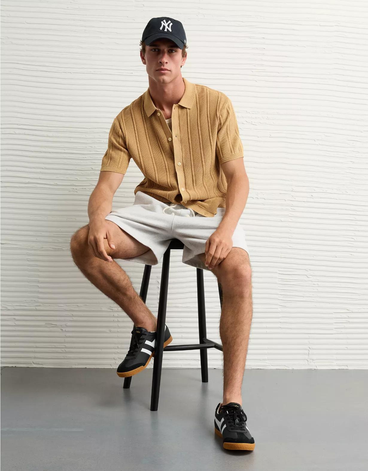 AE Weekend Washed Button-Up Sweater Polo Shirt Product Image