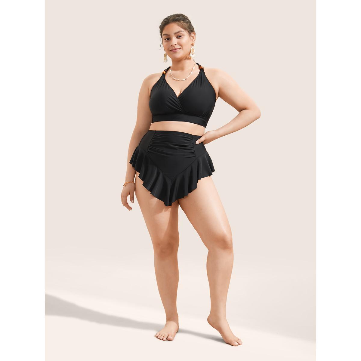 Plus Size Ruffle Trim Ruched Front Swim Bottom Women's Swimwear Black Beach Non High stretch Bodycon High Rise Curve Swim Bottoms BloomChic 28/5X Product Image