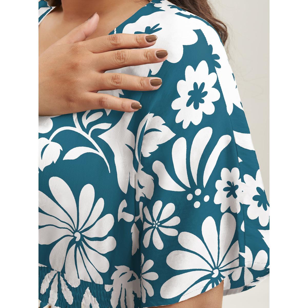 Plus Size Large Floral Print Pockets Midi Dress DarkGreen Women Slit V-neck Short sleeve Curvy BloomChic 26/4X Product Image