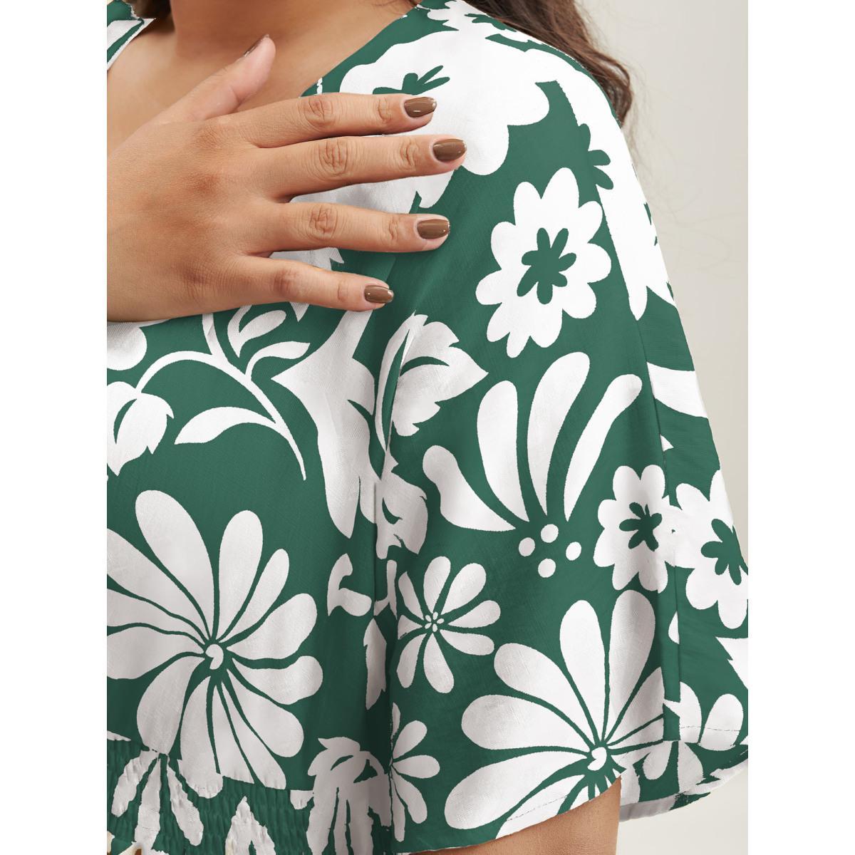 Plus Size Large Floral Print Pockets Midi Dress DarkGreen Women Slit V-neck Short sleeve Curvy BloomChic 26/4X Product Image