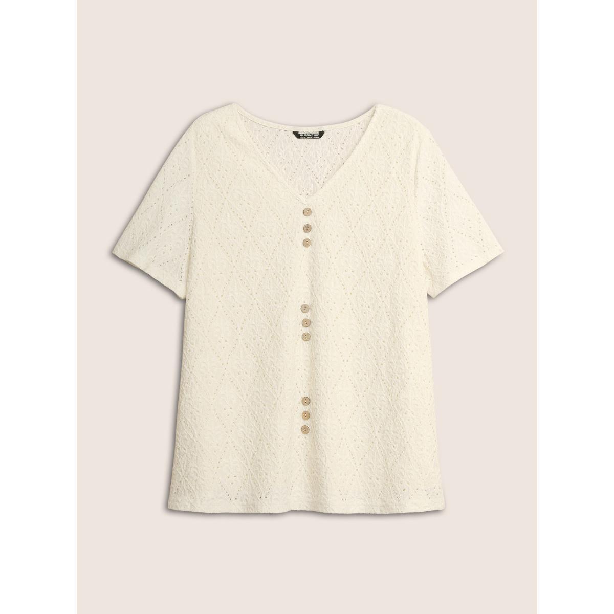 Plus Size Solid Plisse V Neck Button Detail T-shirt White Women Casual Texture Plain V-neck Everyday T-shirts BloomChic 22-24/3X Product Image